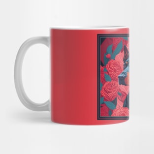 Dogs, doberman and flowers, dog, seamless print, style vector (red version doberman) Mug